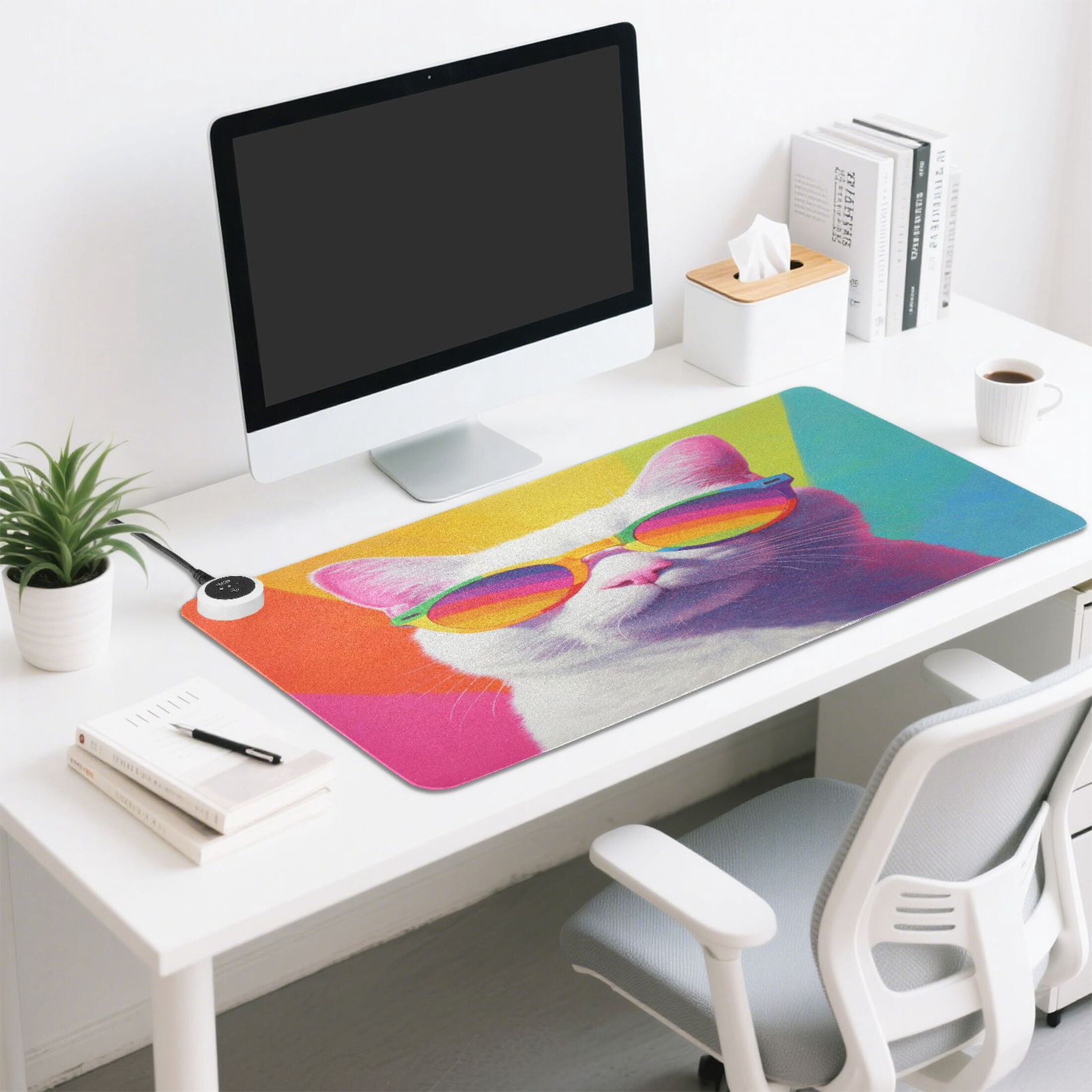 Large Heated Desk Mat Mouse Pad 31.5"x13"PU Leather Graphene Heating Desk Warmer with 3 Temperature Settings 110V US Plug Non-Slip Warm Pad for Home, Office, and Gaming White Cat Colorful Sunglasses