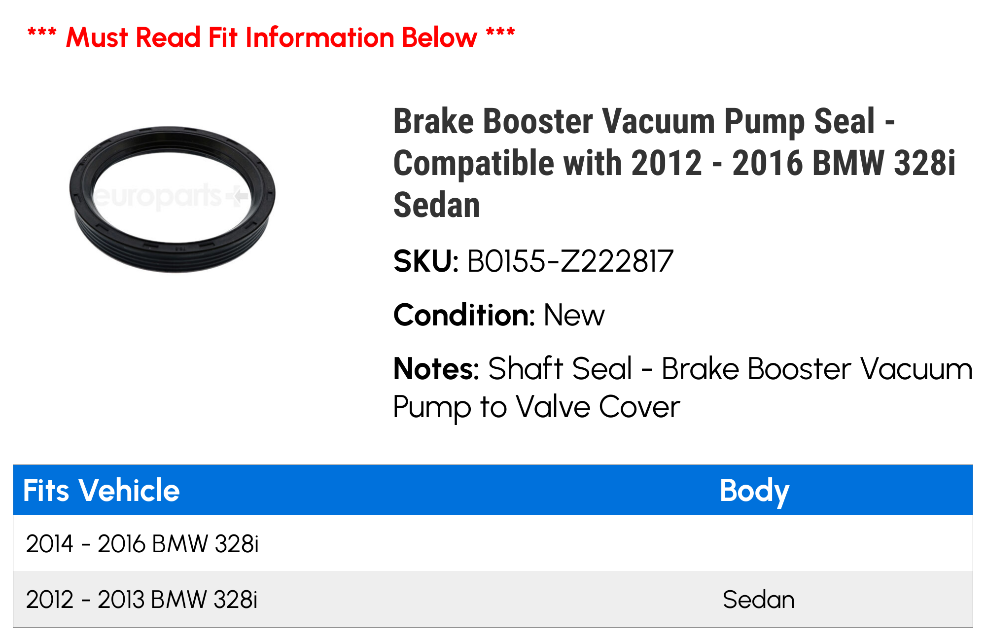 Brake Booster Vacuum Pump Seal - Compatible with 2012 - 2016 BMW 328i Sedan 2013 2014 2015