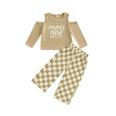 

Suanret Toddler Girls 2PCS Pants Suit Letters Print Off-the-shoulder Pullover and Checkerboard Plaid Pattern Trousers Coffee 4-5 Years
