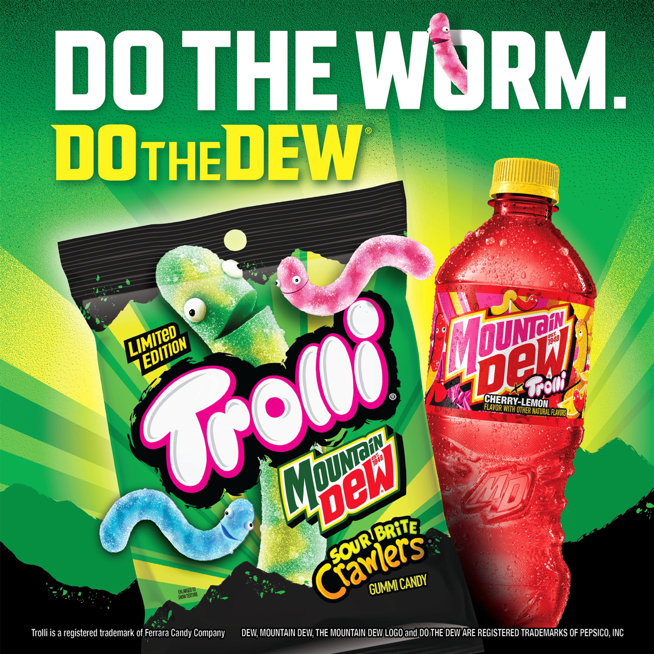 Trolli x Mountain Dew Sour Brite Crawlers Gummy Worm Candy, 4.25 oz Bag