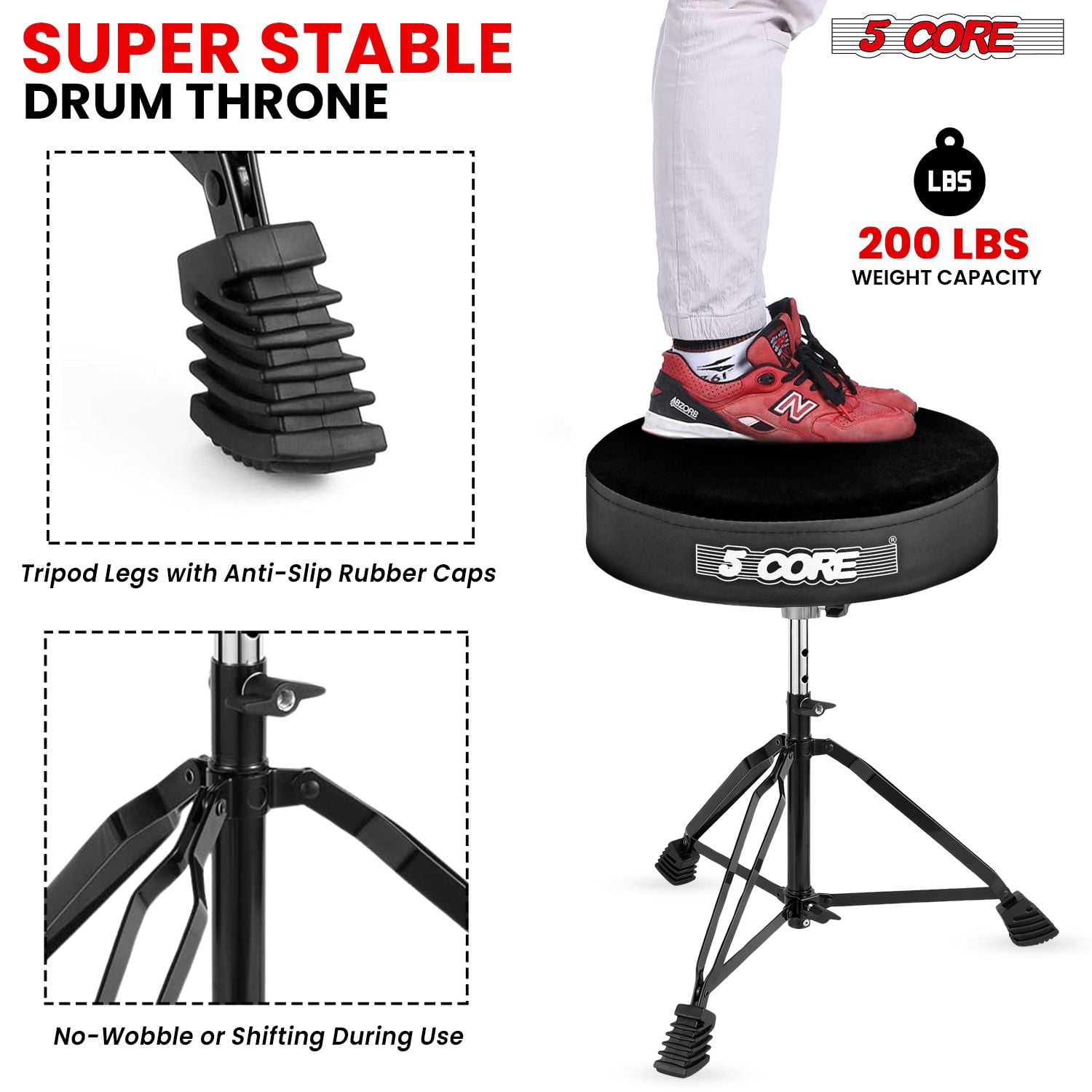 Adjustable Drum Throne Stool with 3" Thick Pad – 16.5"-21.5" Height, 200lb Capacity, Anti-Slip Rubber Feet for Drummers, Guitarists, Adults & Kids