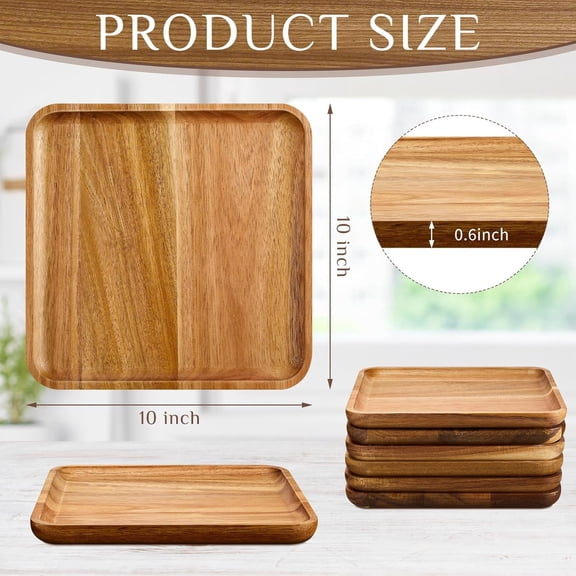 6 Pcs Acacia Wood Square Plates 10" Wooden Plates Serving Trays for Meal Dishes Snack Dessert Easy Cleaning and Lightweight