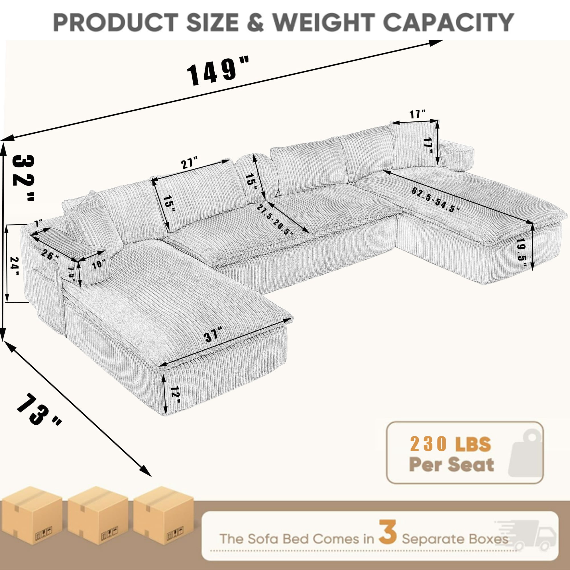 LLappuil Sectional Sofa, Oversized Sectional Couch Convertible Sofa Bed, 6 Seat Corduroy Sofa Couch with Side Pocket for Living Room, No Assembly Beige
