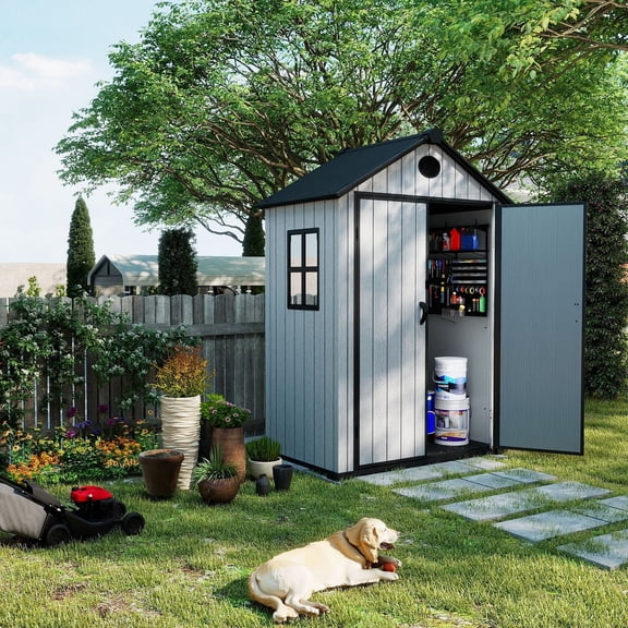 ZYJOYY 6'x4' Plastic Outdoor Storage Shed with Floor & Window, Resin Garden Tool Shed for Backyard