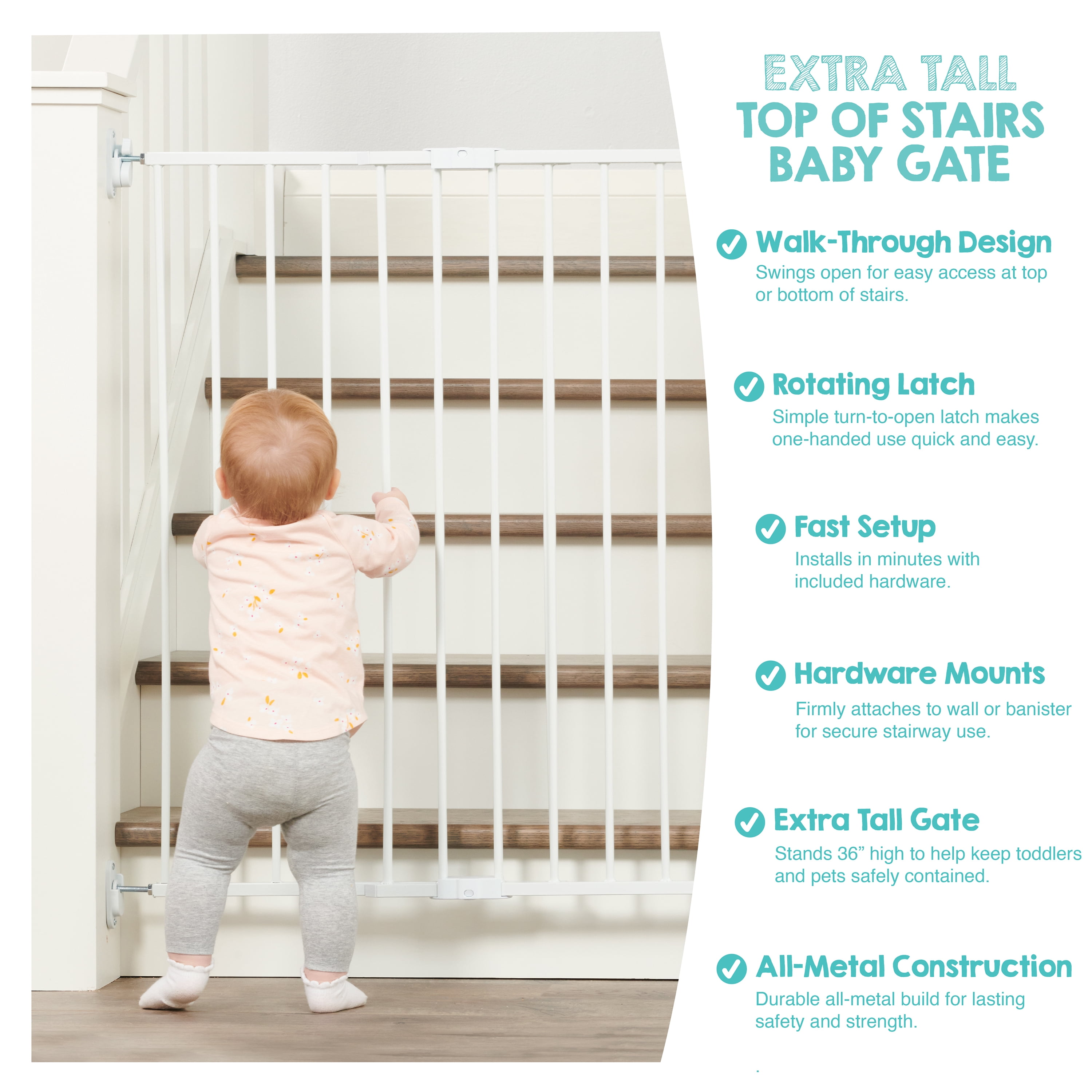 Regalo 2-in-1 Extra Tall Easy Swing Stairway and Hallway Walk Through Baby Gate, White, 38 Inch