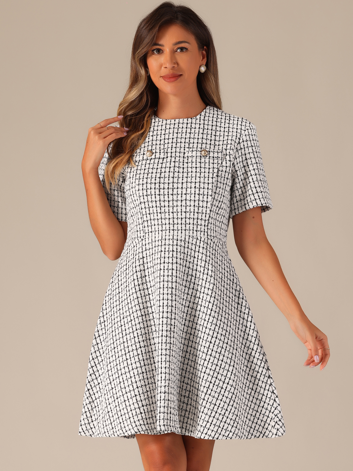 DARING DIVA Elegant Short Sleeve A-line Plaid Tweed Dress XS Apricot