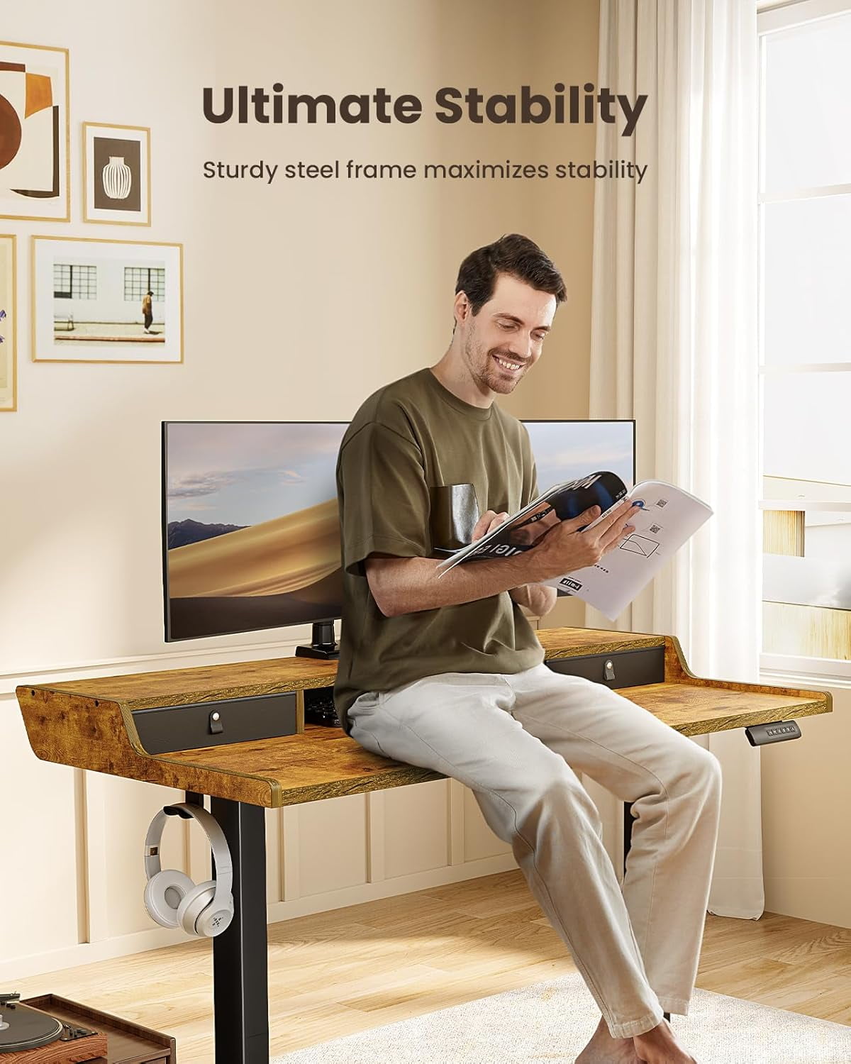 CHITOOMA 55" x 28″ Electric Standing Desk with Drawers, Height Adjustable Gaming Desk with Monitor Stand & Storage Shelf, 4 Preset Heights for Home Office, Brown