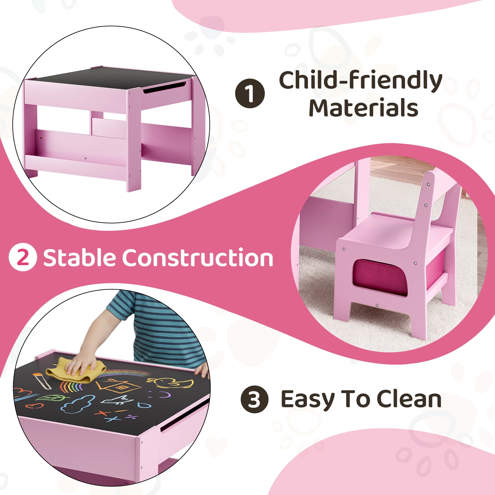 Pirecart Kids Table and Chairs Set, 4 in 1 Wooden Activity Table with Reversible & Detachable Tabletop, Storage Drawer, Bookshelf, Kids Art Desk for Drawing, Playing, Learning, Pink