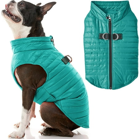 gooby puffer vest dog jacket - turquoise  medium - ultra thin zip up wind breaker with dual d ring leash water resistant small dog sweater