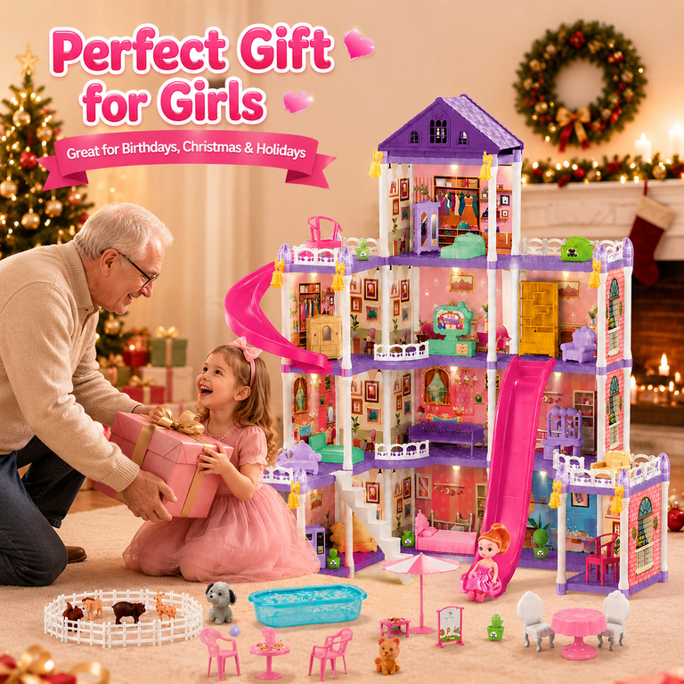 WowSmile 5-Story Doll House with LED Lights, Dolls, Furnitures