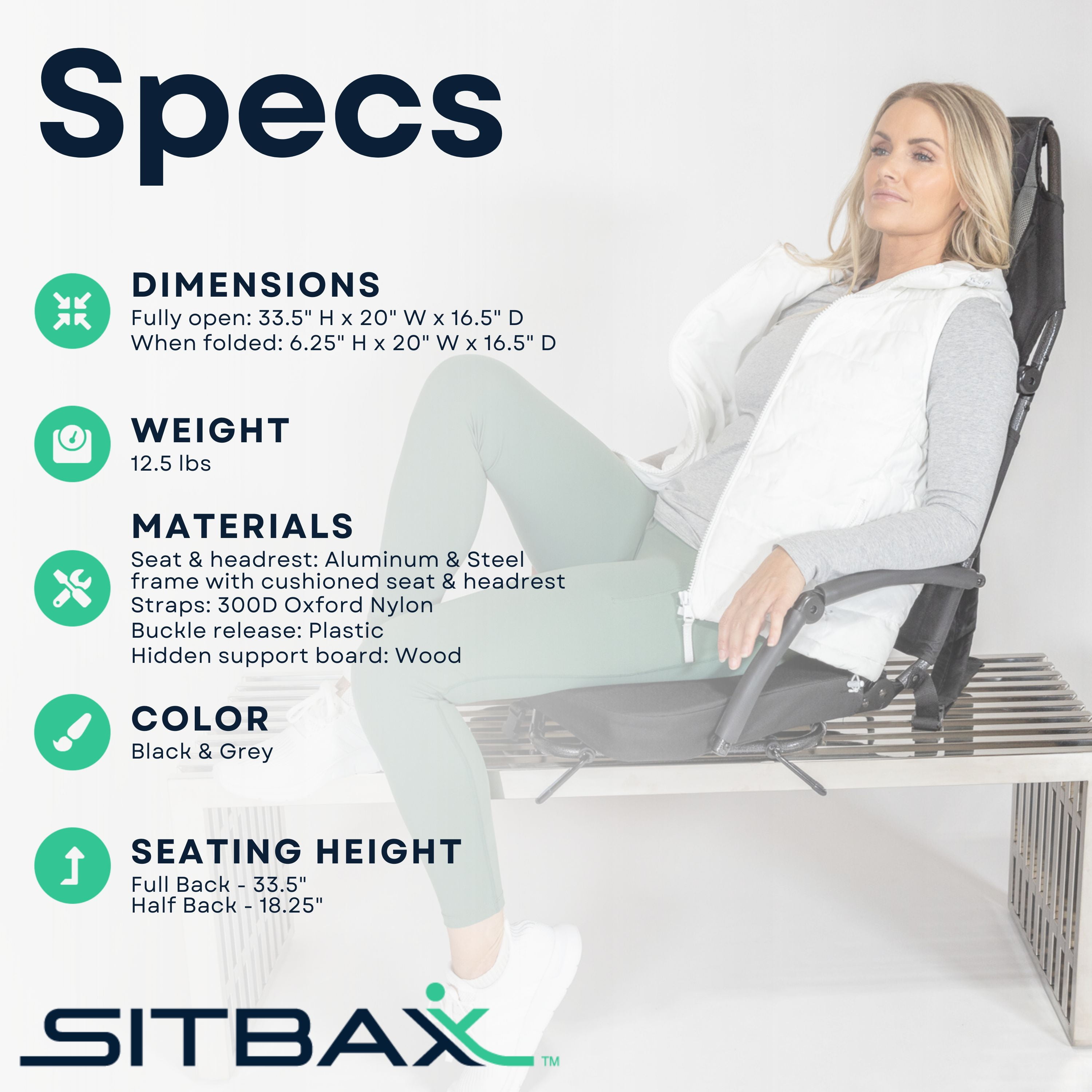 Padded Bleacher Seat-Reclining Stadium Chair with Back & Neck Support & Swivel- Patent Pending-Black