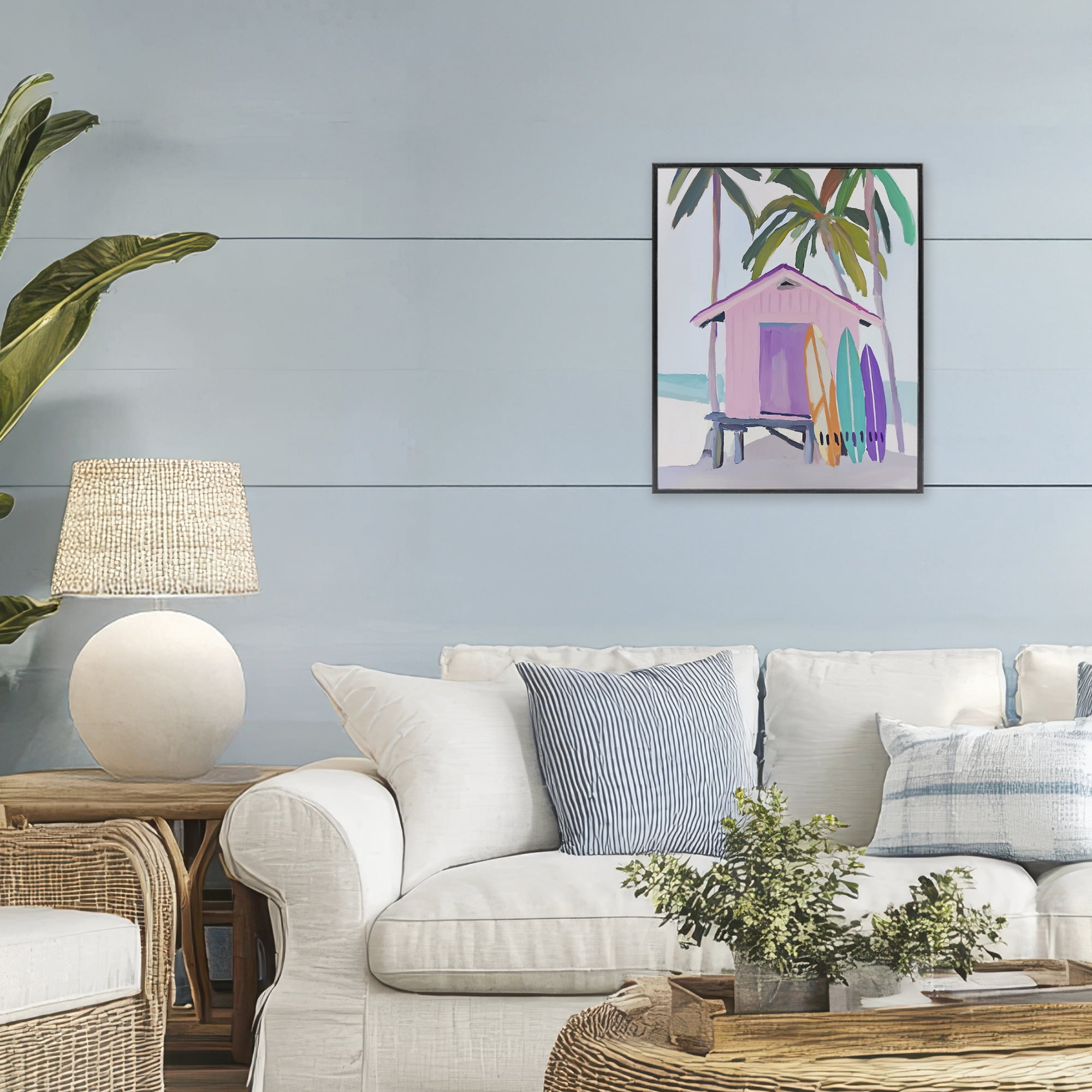 Stupell Industries Pink Beach Hut with Surfboards Black Framed Giclee Art, design by Sisi and Seb