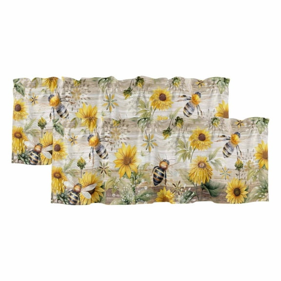 2 Pack Summer Sunflower Bee Valance for Window Yellow Floral Plants Wood Grain Rustic Kitchen Valance Rod Pocket Short Curtain Topper Decorative Window Treatment for Living Room Bedroom 42"x12"