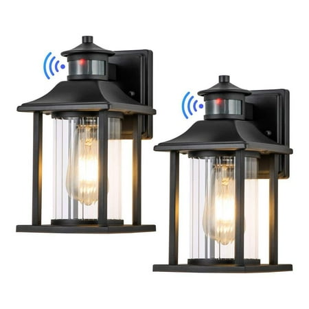 

1-Light Matte Black Motion Sensing Dusk to Dawn Non-Solar Outdoor Wall Lantern Sconce with Clear Striped Glass (2-Pack)