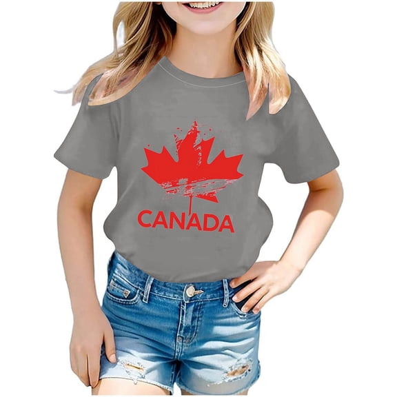 BRGZLK Canadian Flag T-Shirt for Children Canada Letter Print Casual Round Neck Short Sleeve Top Top Shirt Maple Leaf Vintage Graphic Tee Top for Kids Gray 5-6 Years