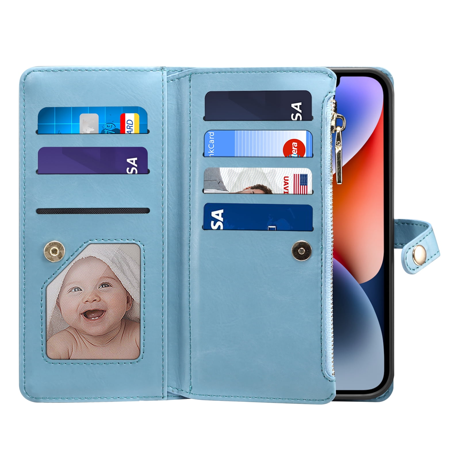 Dteck Wallet Case for iPhone 13 6.1 Inch, Leaf Pattern Luxury PU Leather RFID Blocking Card Slots Holder Zipper Pocket Flip Case with Kickstand Magnetic Crossbody Strap Phone Cover,Blue