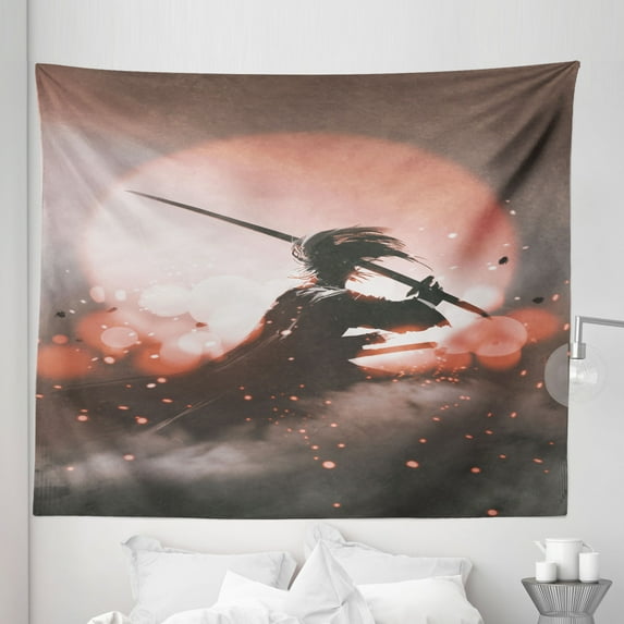 Japanese Tapestry, Reflection of Samurai Practicing Sunset Background Free from Death Concept, Fabric Wall Hanging Decor for Bedroom Living Room Dorm, 5 Sizes, Salmon Umber, by Ambesonne