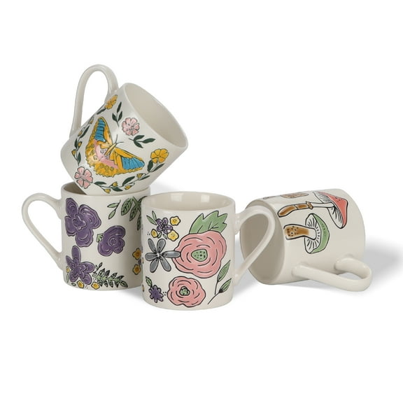 4 Pack 11 oz Ceramic Coffee Mugs, Porcelain Coffee Cups with Handle for Tea, Latte, Cocoa, Cappuccino, Milk, Dishwasher&Microwave Safe, Plant Patterns