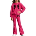 thumbnail image 4 of Girls 2-Piece Sweatsuit Set Long Sleeve Crewneck Top and Flare Pants with Bow Print Kids Casual Outfit for School Play Daily Wear, 4 of 5