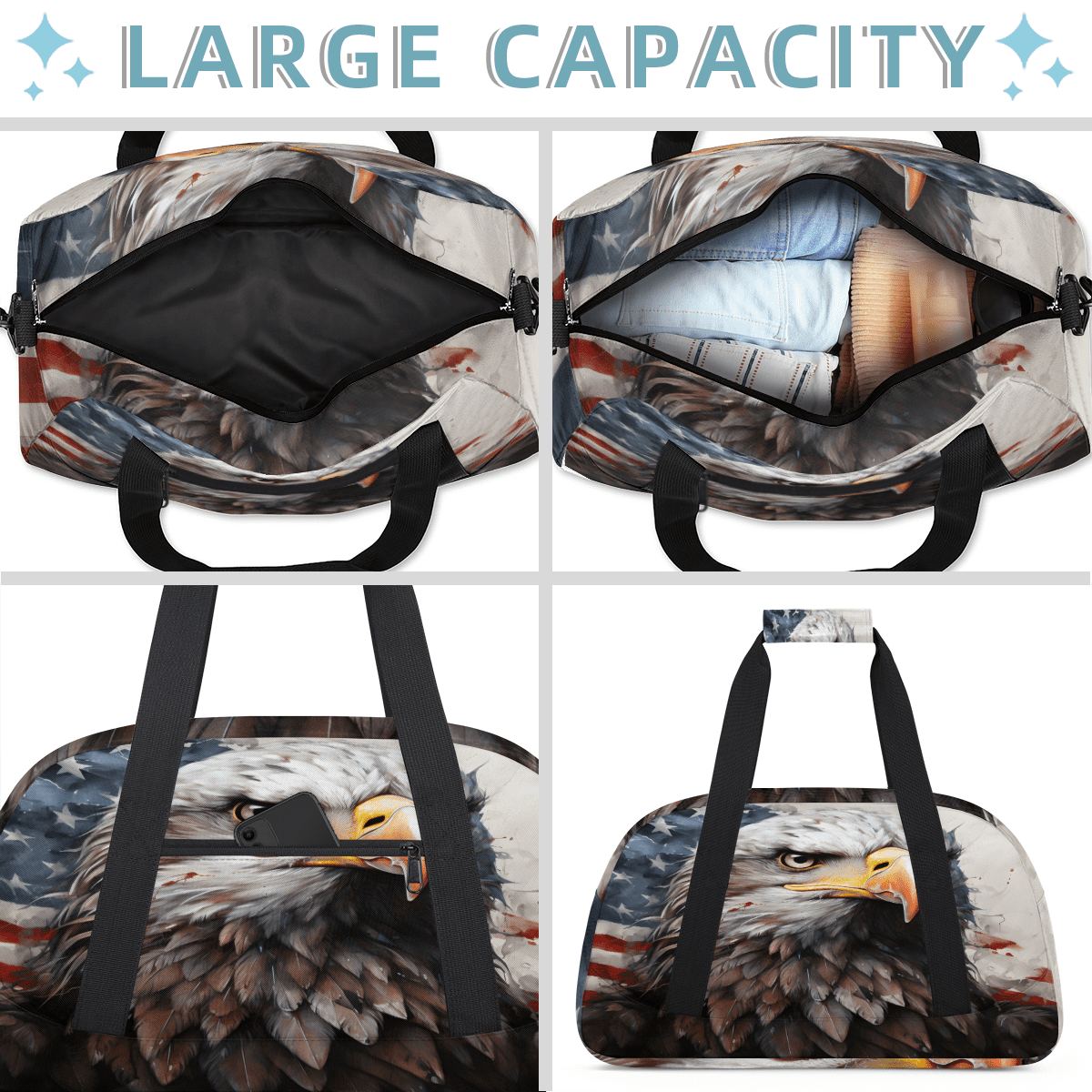 Herdesigns America Eagles Sports Duffle Bag for Women & Men, American Flag Gym Bag Dance Bag Overnight Bag Carry On Weekender Travel Bag