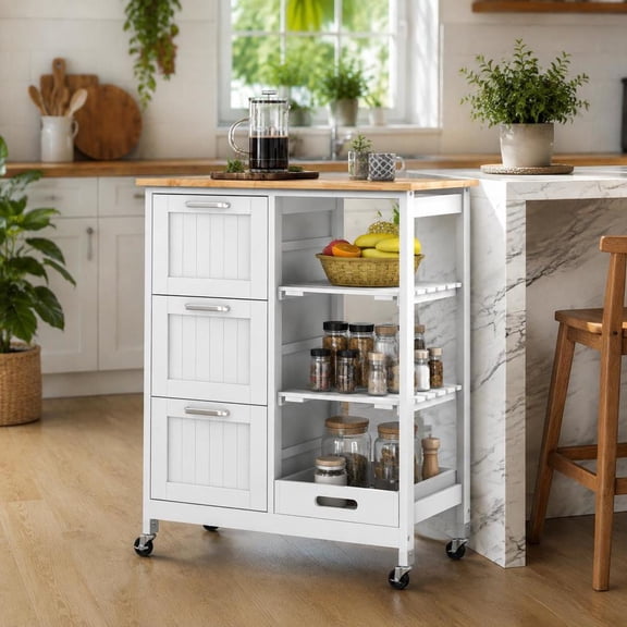 Rolling Kitchen Island Cart, 3 Drawers, 3 Open Shelves, Rubber Wood Top, White