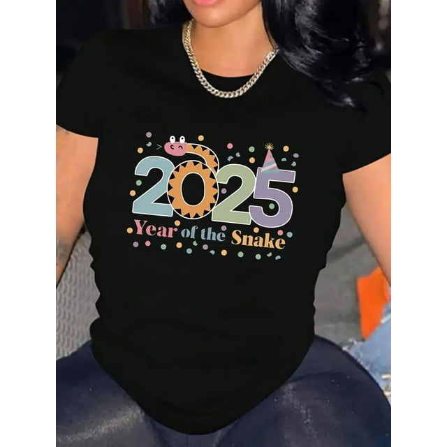Camiseta deportiva informal y sencilla de manga corta con cuello redondo y estampado de serpiente creativa (inglés 2025), cómoda para mujer, ideal para vacaciones de verano.