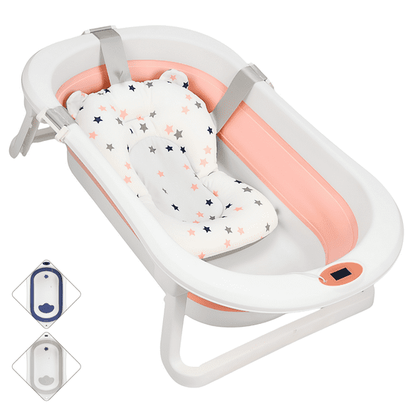 Bañera para Bebé Tina Plegable con Cojín Tapón de Drenaje y Termómetro - Rosa