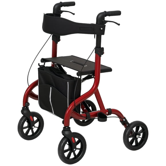 Red Lightweight Rollator Walker with Seat & Adjustable Handles - Seniors Mobility Aid for Home, Travel & Outdoor Use - 300lb Capacity