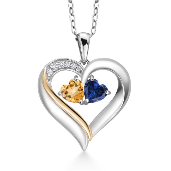 Gem Stone King 925 Silver and 10K Yellow Gold Heart Shape Lab Grown Diamond Pendant Necklace for Women with Yellow Citrine and Blue Created Sapphire (0.99 Cttw, Double Heart, 18 inch Chain)