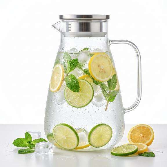 74 oz Pear Borosilicate Glass Pitcher with Rotatable Stainless Steel Lid & Drip-Free Spout, 2.2L Thick Glass Water Pitcher with Heat Insulated Handle, Hot & Cold Resistant, Easy to Clean, Ideal for F