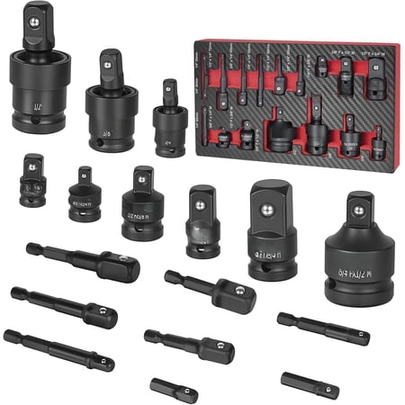 Socket Adapter Set 17 count includes Reducer, Universal Joint Socket Set, Drill Adapter 1/4" 3/8" 1/2"