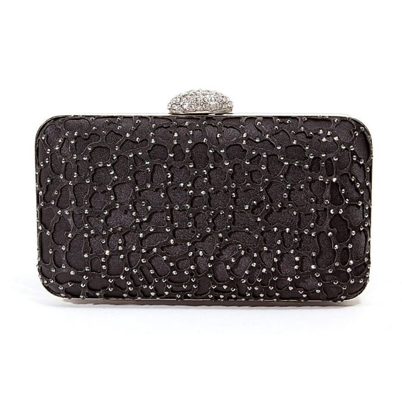 Lace Embellished evening bag with rhinestone closure, JEWEL BAG BLACK