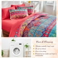 thumbnail image 4 of 3 Pieces Colorful Bohemian Quilt Set California King Size, Boho Striped Pink n Teal Printed Bedding Bedspread Coverlet Set for Summer, Soft Lightweight Microfiber Quilt with 2 Shams (102x114 inces), 4 of 10