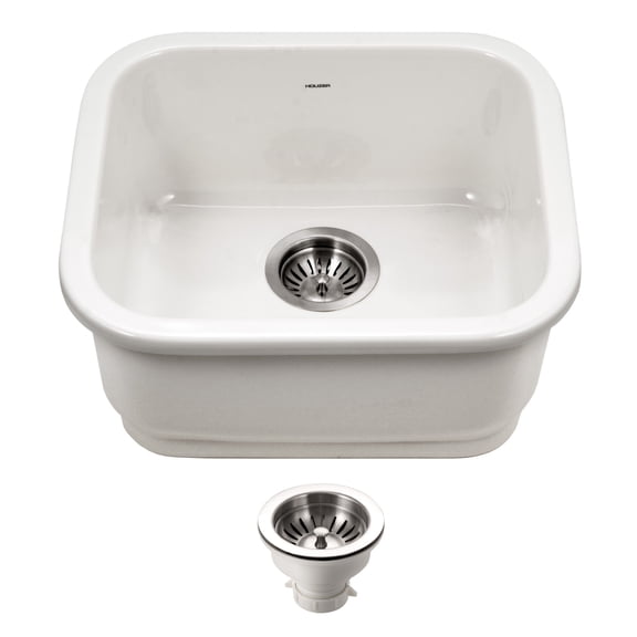 Houzer Platus 18 inch White Fireclay Undermount Single Bowl Bar Sink with Strainer