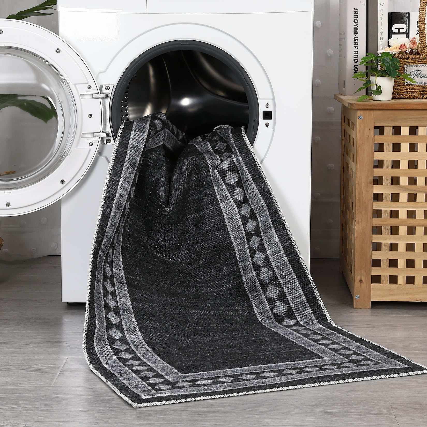 CAROMIO Solid Area Rug Washable Border Rug Modern Geometric Floor Decor Perfect for Living Dining Room, 2' x 6' Black