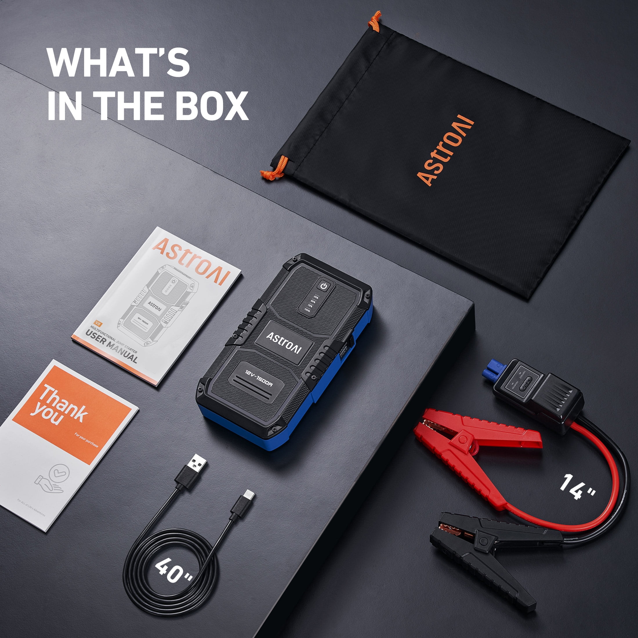 AstroAI Car Jump Starter Boxes 1500A Peak Portable Battery Jump Starter with Jumper Cables Power Bank Quick Charge, 12V Battery Booster, Jump Boxes, up to 6.0L Gas/3.0L Diesel