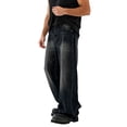 thumbnail image 4 of Zynoxe Mens Plus Size Denim Pants Straight Elastic Waistband Washed Distressed Wide Leg Jeans Trendy Loose Fit Lounge Denim Trousers Pants Black M, 4 of 9