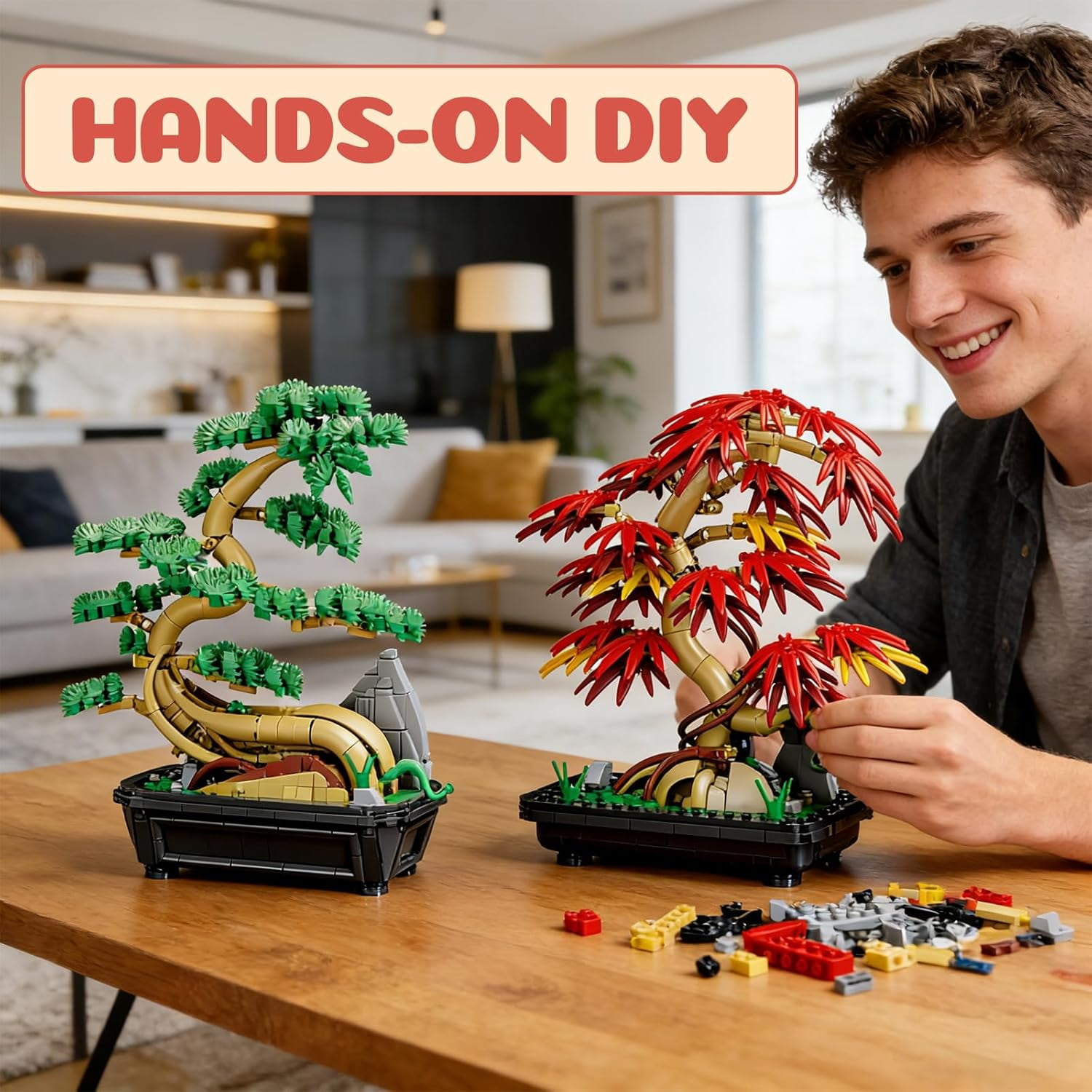 2-in-1 Bonsai Tree Building Set 1023 Pcs Red Maple & Pine Plant Model Kit  Botanical Garden Collection Zen Home Decor
