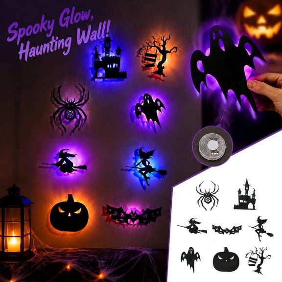 Halloween Wall Decorations for Home with 8 Pcs Black Cutout Night Light, Battery Operated Indoor Halloween Decor for Window and Halloween Party Decor, Scary Halloween Decorations