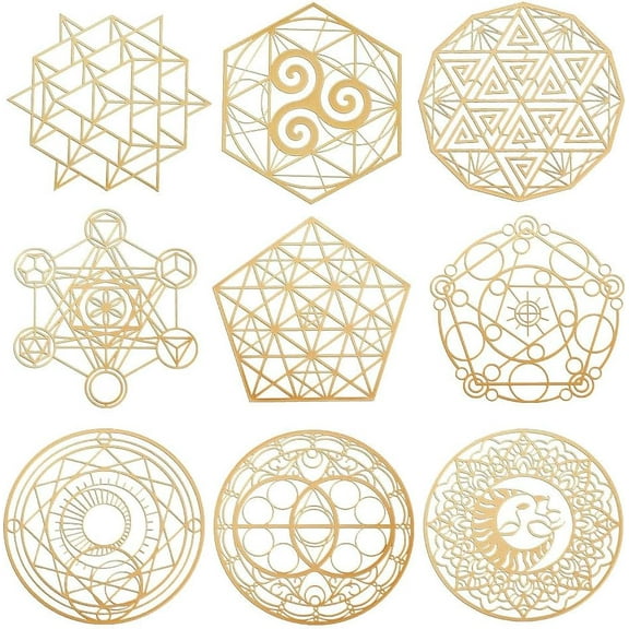9Pcs 1.6×1.6 inch Sacred Geometry Metal Energy Stickers Flower of Life Orgone Pyramid Stickers Golden Stickers for Scrapbooks DIY Resin Crafts Phone & Water Bottle Decoration DIY