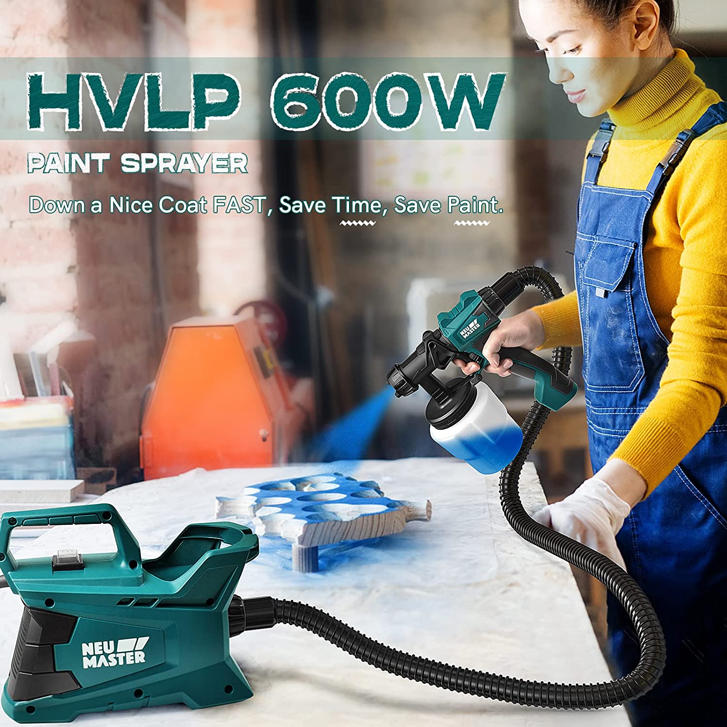 NEU MASTER 600W HVLP Electric Paint Sprayer, 3 Spray Patterns, Adjustable Flow Control & 6FT Hose, Lightweight Spray Gun for Walls, Furniture, Ceiling, Interior/Exterior Projects