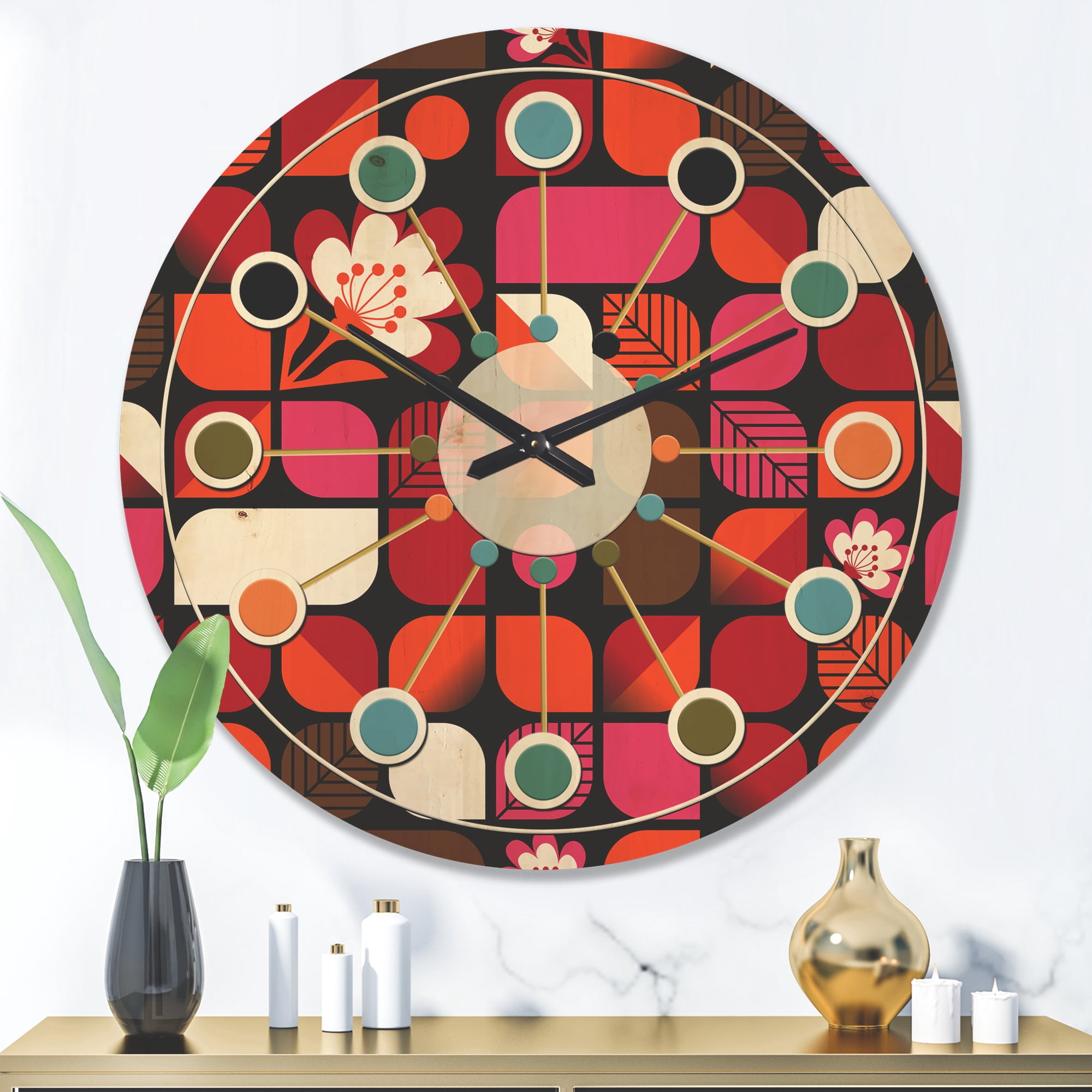 Designart 'Retro Geometric Flower Design I' Mid-Century Modern Wood Wall Clock