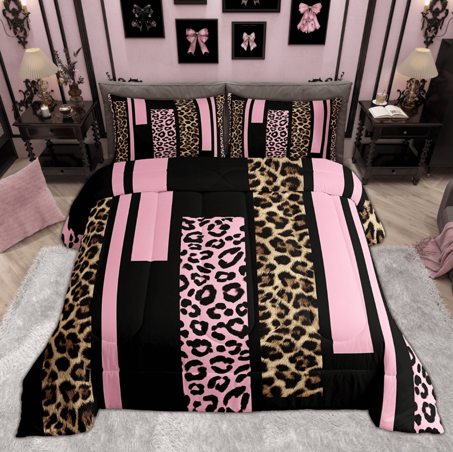 Feelyou Pink Cheetah Print Bedding Comforter Set for Women, Fashion Abstract Ombre Twin Comforter Sets, Leopard Wildlife Reversible Bedding Set, Luxury Bedroom Decor, 2-Piece