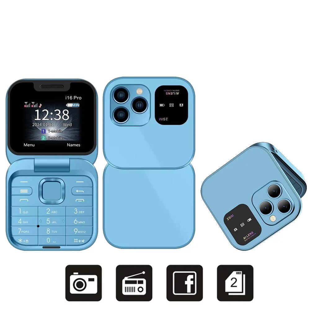 Broisae i16pro Mini Flip 2G GMS Mobile Phone 1.77 '' Screen 2 SIM Camera Flashlight Blacklist Speed Dial Magic Voice FM Radio Foldable Cellphone