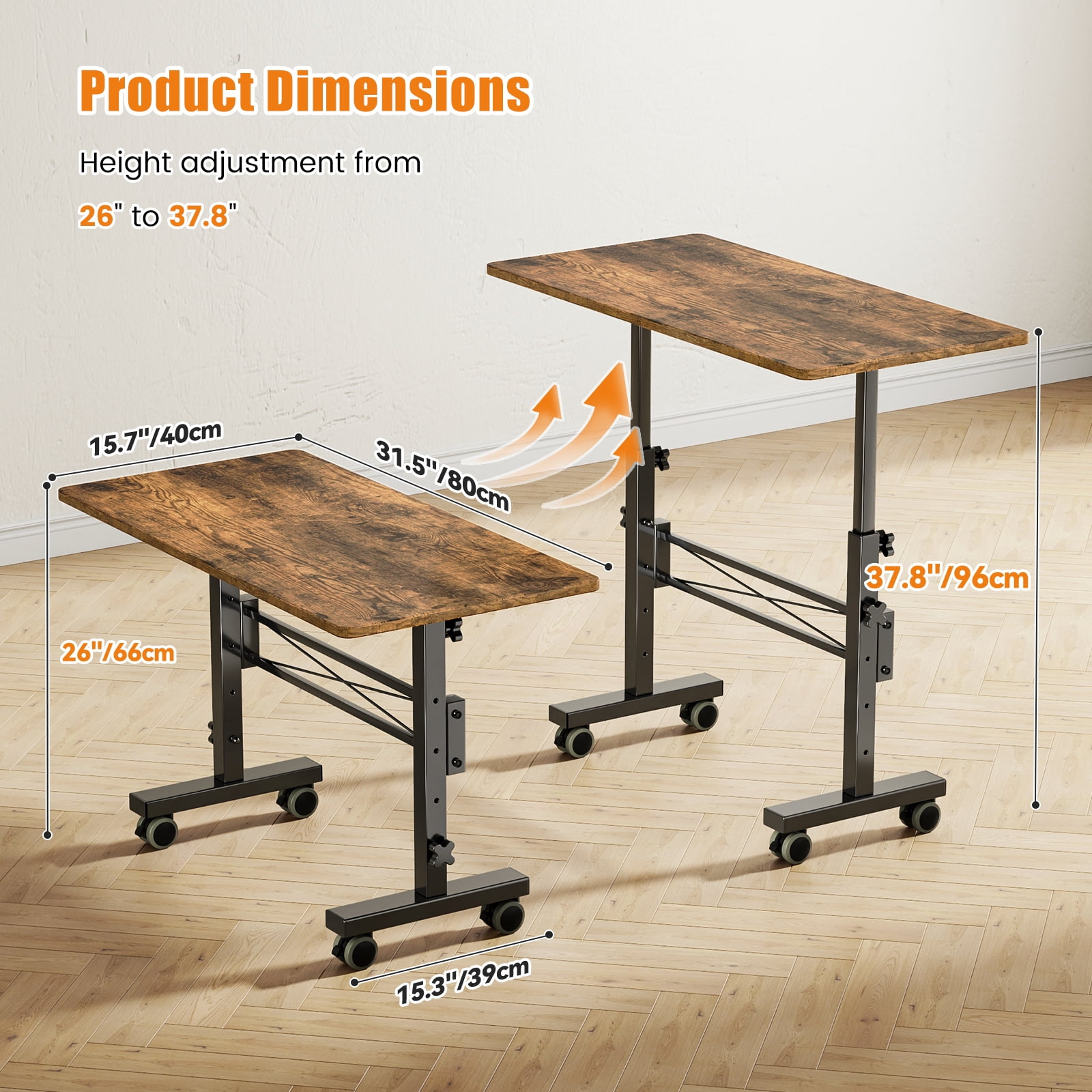 Flycity Standing Desk Adjustable Height, Mobile Stand Up Desks with Wheels, Small Laptop Desks, Portable Computer Rolling Desk for Home Office and Pad Treadmill, Height 26"-37.8", 15.7"D x 31.5"W
