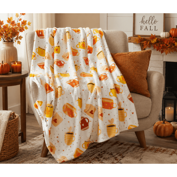 Serafina Home Fun Fall Throw Blanket: Pumpkin Spice and Everything Nice Cozy Wrap Accent for Sofa Couch Chair Bed Dorm