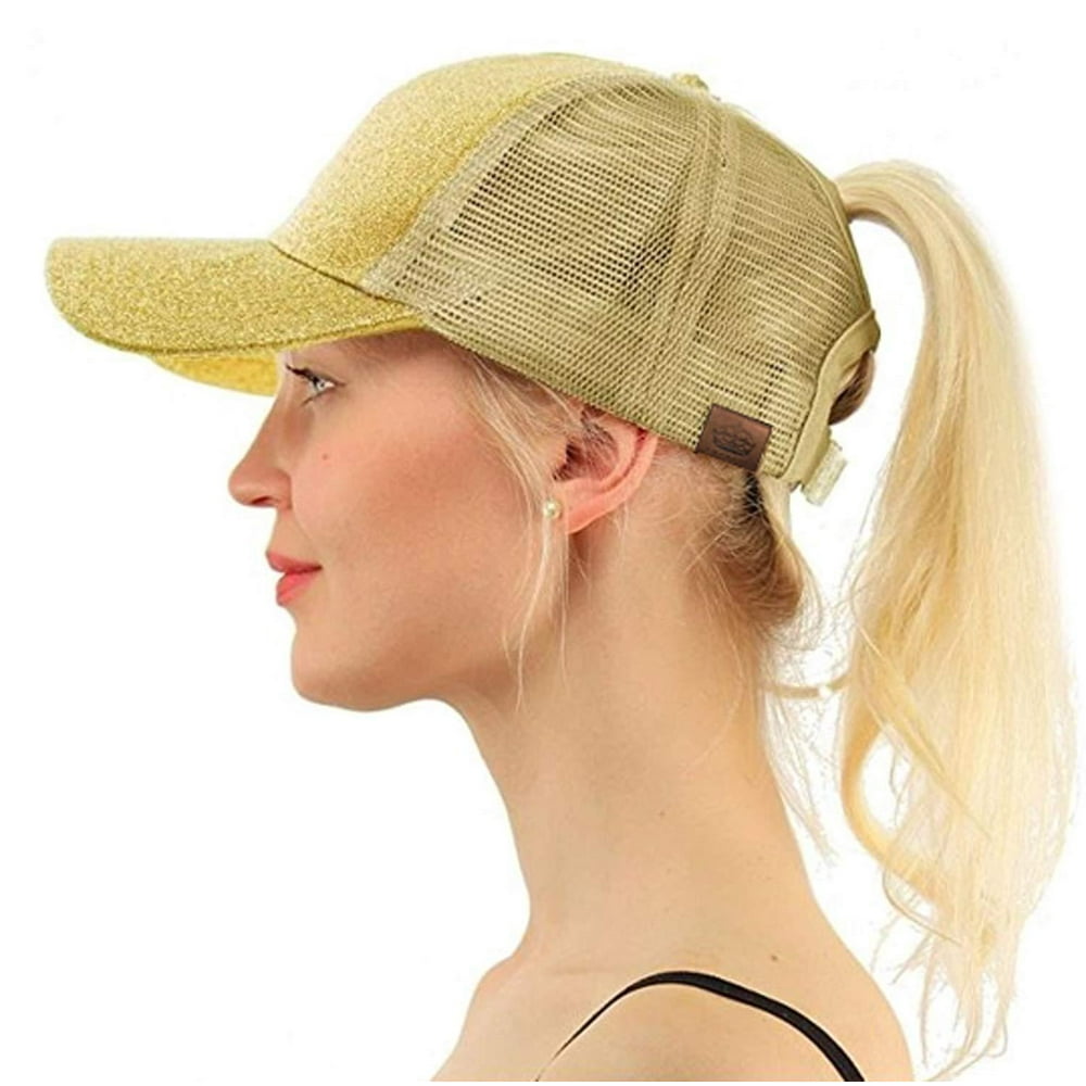 AmazingForLess Glitter Ponytail Hat PonyCap Adjustable Trucker Mesh
