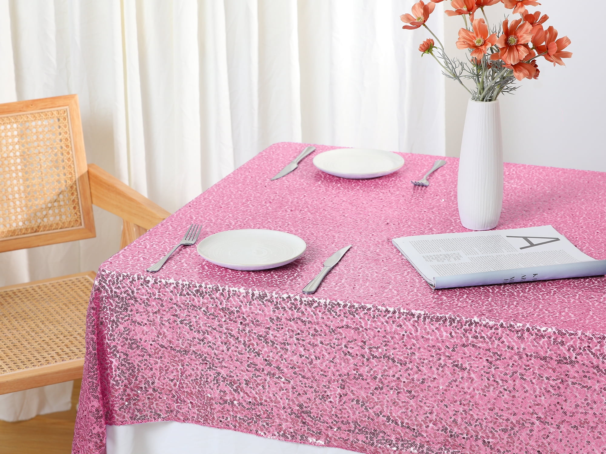 Unique Bargains Sequin Table Covers for Dining Room Parties or Dances Tablecloths Pink 47"x59"