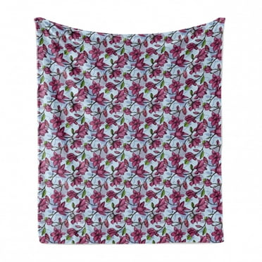 Magnolia Soft Flannel Fleece Throw Blanket, Flowering Branches with Thriving Petals and Leaves Coming of the Spring Theme, Cozy Plush for Indoor and Outdoor Use, 60" x 80", Multicolor, by Ambesonne