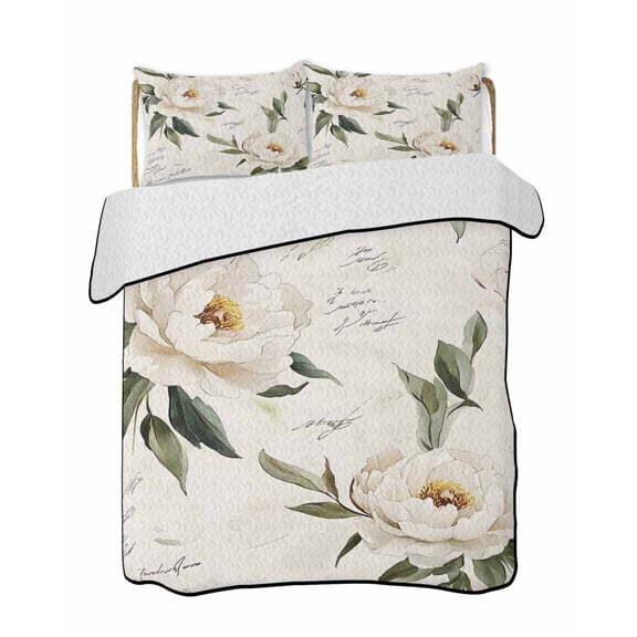 Quilts Queen Size, Vintage Floral Spring Soft Comforter Bedding Set for Bed, Farmhouse Botanical White Flowers Lightweight Quilted Bedspread with Pillow Cover(2 Pieces) for All Season, 90x96 Inch